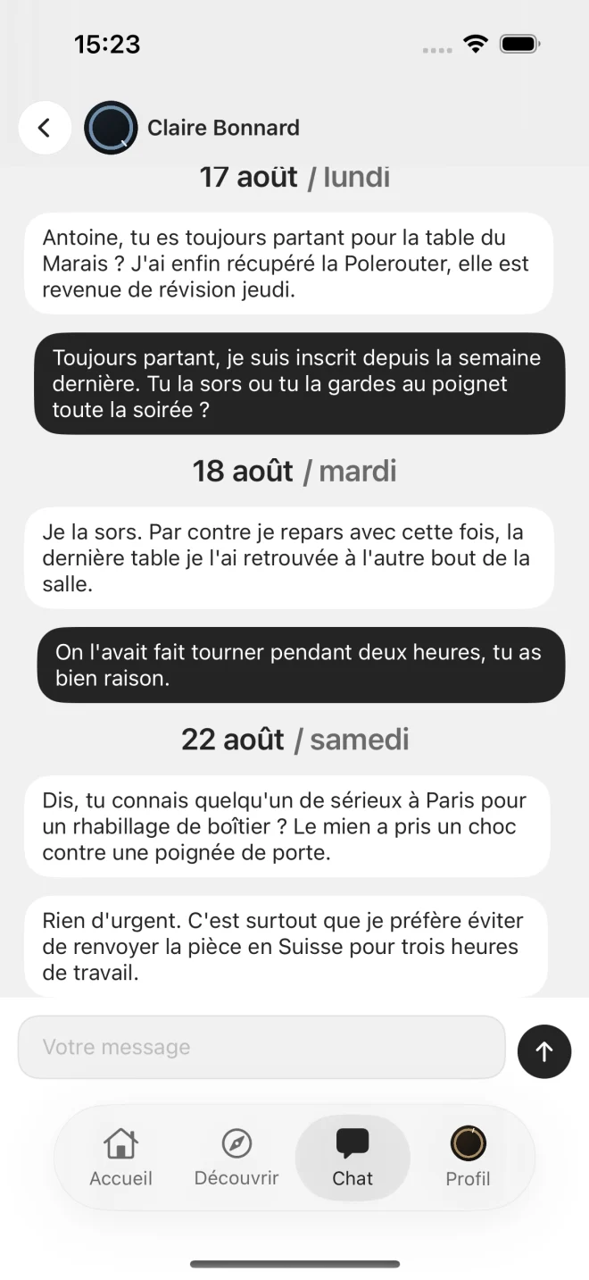 Une conversation dans l'application, entre deux membres du cercle.