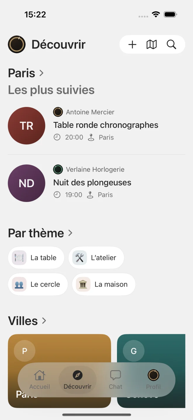 L'écran Découvrir : les rencontres de Paris, les thèmes, les villes où il y a du monde.