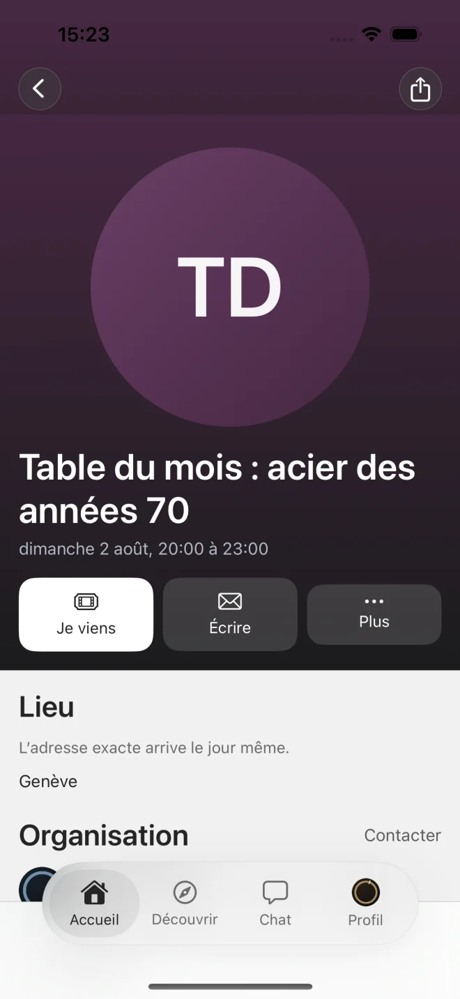 La fiche d'une soirée : sa date, le bouton « Je viens », et la ville seule tant que la place n'est pas confirmée.